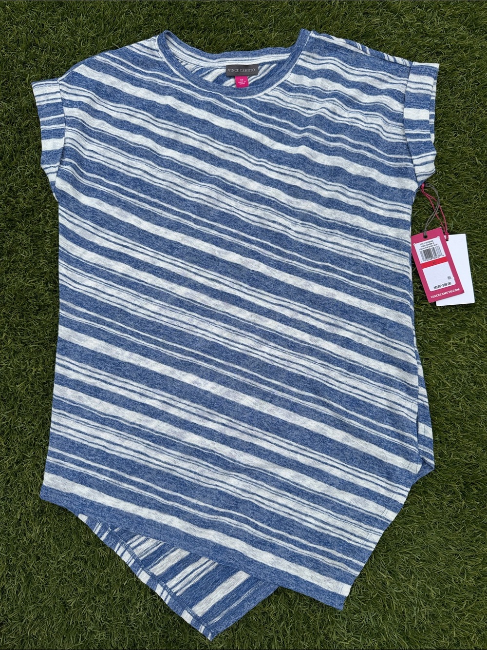 Vince Camuto Blue and White Diagonal Stripe Asymmetric Tee